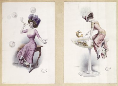 Vykort som visar en kvinna som blåser bubblor och fiskar i ett champagneglas, ca 1900 (litho i färg) av F. Kuderna