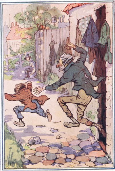 Hed rusar ut ur butiken efter dem och skickar dem flygande, illustration från David Copperfield, 1914 av F. M. B. Blaikie