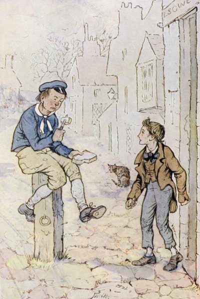 Illustration för Oliver Twist (färg litho) av F. M. B. Blaikie