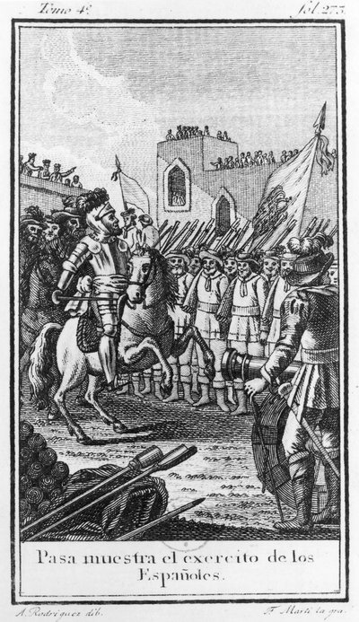 Hernando Cortes (1485-1547) Granskar sina trupper, graverad av Antonio Rodriquez av F. Marti