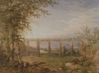 En tegel- och timmerjärnvägsviadukt med ångtåg, 1849 (wc på papper) (par till 3247622) av F. S. Cook