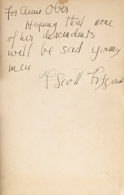 Författarens inskription på framsidan av en första upplaga av "All the Sad Young Men" av F. Scott Fitzgerald