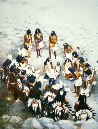 Lenya-ceremonin, Walpi Pueblo, ca 1900 (färg litho) av F. Seth