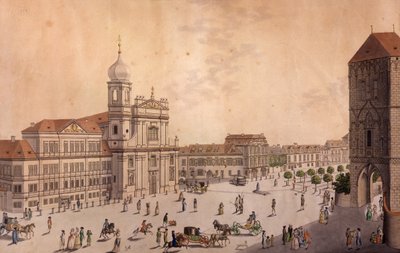 Hybern-torget i Prag (färgad etsning och kopparstick) av F. and Heger, P. Heger