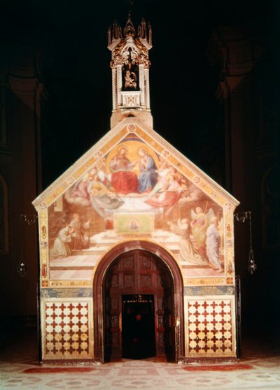 Exteriör av Porziuncola-kapellet med en fresk som visar St Francis mottar Benådningen av Assisi (av Friedrich Overbeck), 1829; Interiör av Santa Maria degli Angeli (rekonstruerad av Luigi av F and Poletti Overbeck