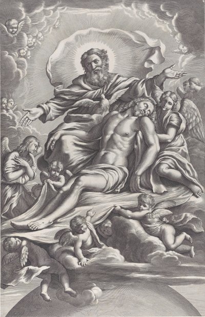 Den heliga treenigheten, med den döde Kristus i centrum omgiven av änglar, Gud Fadern, ..., 1650-90. av F. de Louvement