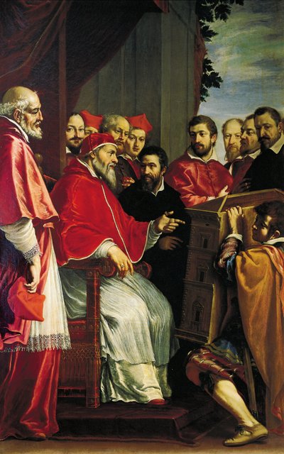 Michelangelo visar påven Julius III en modell av byggnaden för Rota hov i Giuliagatan. av Fabrizio Boschi