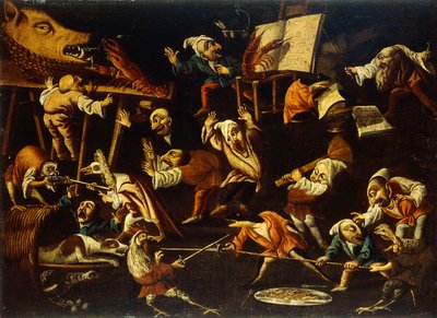 Imaginära djur och dvärgar som slåss, dricker och tjatar av Faustino Bocchi or Boccasi