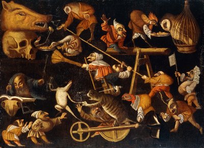 Imaginära djur och dvärgar som slåss, dricker och tjatar av Faustino Bocchi or Boccasi