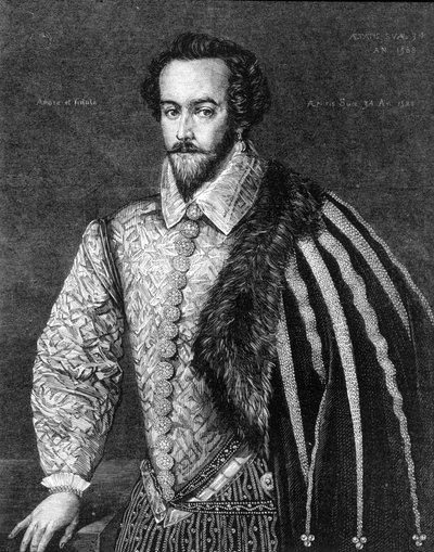 Porträtt av Sir Walter Raleigh (1554 - 1618), engelsk navigatör, hovman och författare. Gravyr efter en målning tillskriven Federico Zuccaro (eller Zuccari) (1549 - 1609) från 1588. av Federico (after) Zuccari or Zuccaro
