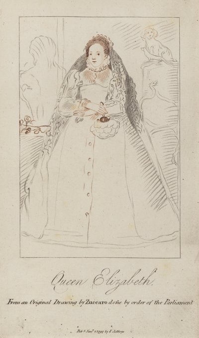 Drottning Elizabeth I (färgad gravyr) av Federico (after) Zuccari or Zuccaro