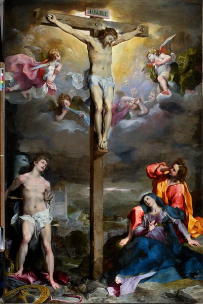 Korsfästelsen av Kristus med Vår Fru, Sankt Johannes Evangelisten och Sankt Sebastian av Federico Fiori Barocci or Baroccio