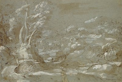 Landskap (penna och bläck på papper med vit markering) av Federico Fiori Barocci or Baroccio