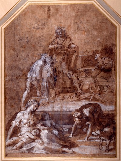 Religiös allegori, insamlingen av Manna och Eukaristininstitutionen (penna & bläck och krita med tvätt, förhöjd med vitt på papper) av Federico Fiori Barocci or Baroccio