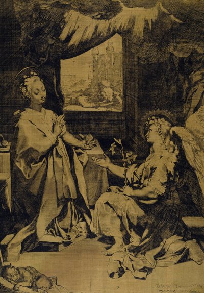 Bebådelsen (etsning, gravyr & torrnål på gul sidentaft) av Federico Fiori Barocci or Baroccio