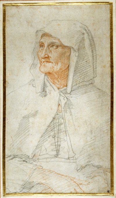 En gammal dam sittande, halvlång (färgade kritor på papper) av Federico Zuccaro