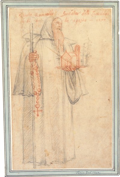 Fra Stefano, kamaldoliternas prokurator i Vallombrosa, som Saint Romuald, med en modell av en kyrka och ett radband, 1577 av Federico Zuccaro