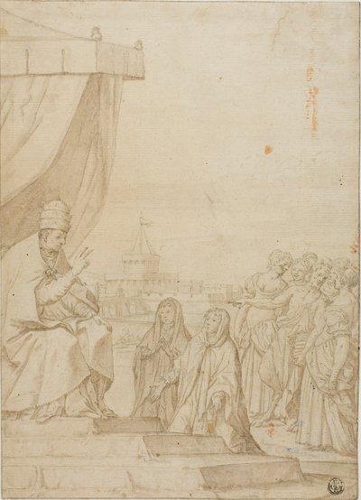 Påven välsignar två kvinnor i närvaro av satyr och församlade kvinnor med Castel Sant Angelo i bakgrunden av Federico Zuccaro