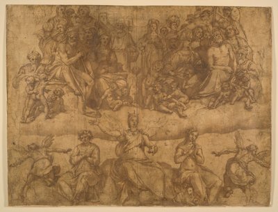 Återlösta själar och allegoriska figurer, studie för den sista domen fresk i kupolen i Duomo, Florens av Federico Zuccaro