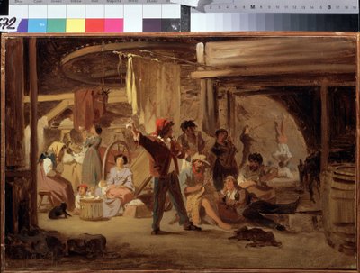 Bakom cirkusscenen. Målning av Feodor Andeyevich Bronnikov (1827-1902). Olja på duk av Fedor Andreevich Bronnikov