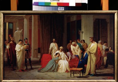 ""Läsningen av den romerske senatorns dödsdom Publius Clodius Thrasea Paetus år 66 e.Kr."" Målning av Feodor Andreyevich Bronnikov (1827-1902) 1800-talets statliga A. Radishchev Art Museum, Saratov av Fedor Andreevich Bronnikov