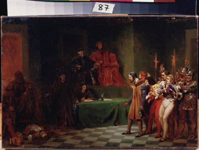 Mosaikkonstnärer inför rådet av tre i Venedig (Italien) (mosaikkonstnärer inför rådet av tre i Venedig). Målning av Feodor Andrejevitj Bronnikov (1827-1902). Olja på duk, före 1886, 25,5 x 37,5 cm, rysk konst. State A. Radishchev Art Museum, av Fedor Andreevich Bronnikov