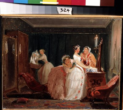Bröllopsförberedelserna. En borgerlig tjej i en bröllopsklänning som förbereder sig för bröllopsceremonin. Verk av Feodor Andrejevitj Bronnikov (1827-1902). Olja på papper, 26 x 33 cm av Fedor Andreevich Bronnikov