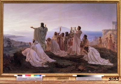 ""The Hymn to the Rising Sun of Pythagoras"" Rituell ceremoni i antikens Grekland inspirerad av Pythagoras teorier om musik och stjärnorna. Målning av Feodor Andreyevich Bronnikov (1827-1902) 1869 State Tretyakov Gallery Moskva av Fedor Andreevich Bronnikov