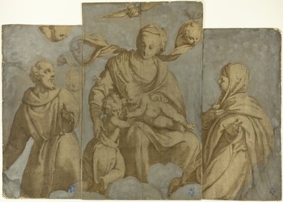 Jungfru Maria med barnet och Johannes Döparen samt helgonet Franciskus av Assisi och Klara av Felice Brusasorci