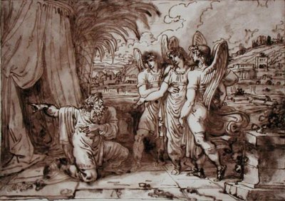 Abraham och änglarna (penna och brunt bläck, brun tvätt över penna på papper) av Felice Giani