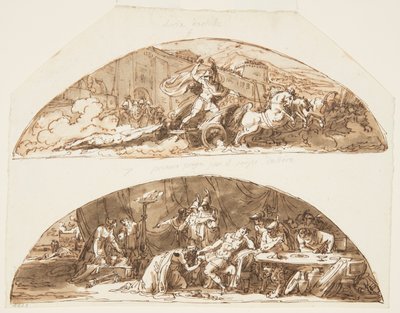 Achilles släpar Hectors kropp runt Walls of Troy, Priam pläderar för Hectors kropp, takdesigner för Galleria di Achille, Palazzo Milzetti, Faenza, Italien av Felice Giani