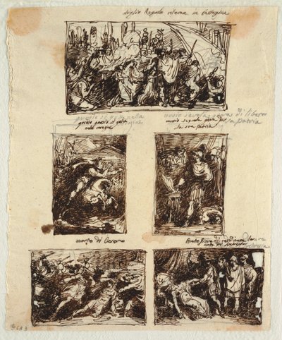 Design för olika dekorationer inklusive Coriolanus vid Roms murar av Felice Giani