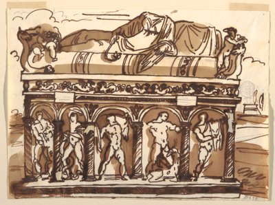 Teckning, En romersk sarkofag i Vatikanmuseet, ca 1820 av Felice Giani