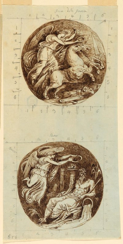 Teckning, En bevingad seger i vagn; En bevingad seger som kröner en flodgud, Reno; två rundlar, ca 1805 av Felice Giani