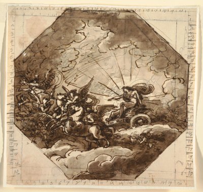 Teckning, Apollo i sin vagn med Aurora, Sala Ottogonale, Palazzo Milzetti, Faenza, 1804-05 av Felice Giani