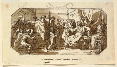 Teckning, takdesign: Romersk ambassadör ber sabinern Numa Pompilius att regera över Rom, Sala di Numa Pompilio, Palazzo Milzetti, Faenza, 1802-05 av Felice Giani