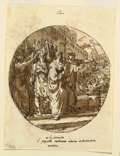 Ritning, takutformning för Numa Pompilius välkommen till Rom efter sitt val, Sala di Numa Pompilio, Palazzo Milzetti, Faenza, 1804-05 av Felice Giani