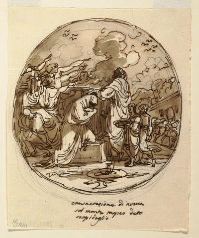 Ritning, Takutformning för invigningen av Numa, Sala di Numa Pompilius, Palazzo Milzetti, Faenza, 1802-05 av Felice Giani
