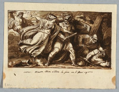 Teckning, blad ur en skissbok: Minerva beordrar Ulysses att sluta fred med Penelopes friare (Minerva induce Ulisse alla pace con i Proci), före 1805 av Felice Giani