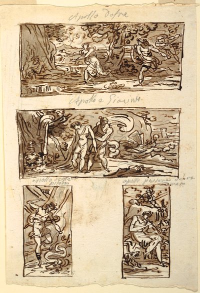 Fyra teckningar av myten om Apollon; Dekoration av en vägg över en mantel, Sala di Apollo, Palazzo Cavina, Faenza av Felice Giani