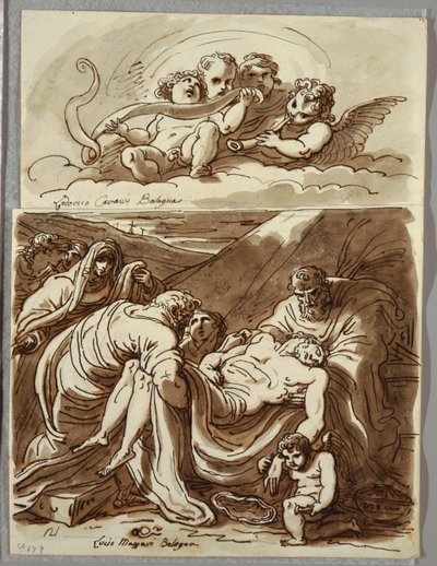 Fyra Putti gör musik, studie efter Lodovico Carracci; Kristus, studera efter Massari av Felice Giani