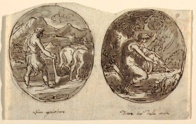 Man the Farmer, Diana the Goddess of the Hunt, Design för välvt tak, Sala dei Legislatori, Palazzo Conti-Sinibaldi, Faenza av Felice Giani