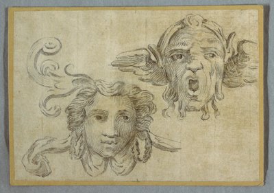 Mask med krans och öron; Mask med skägg och öron av Satyr av Felice Giani