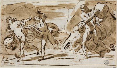 Polyphemus kastar stenblock mot de flyende Aeis och Galatea (recto); Polyphemus spelar sina vassrör för Galatea (verso) av Felice Giani