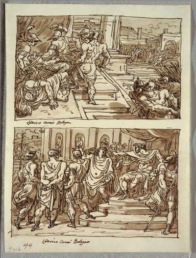 Remus dödar kung Amulius; Remus ledde i kedjor inför kung Amulius; Två studier efter Carracci av Felice Giani