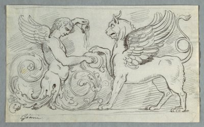 Skulpterad fris med halvfigur av Winged Boy och Griffon av Felice Giani
