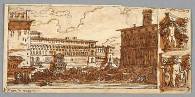 Skissboksida, Folio 57: Studie efter Piazza Emmanuelle i Bologna; Verso, arkitektonisk detalj av Felice Giani