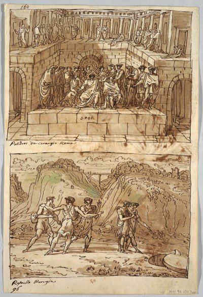 Skissboksida, Folio 98: Två målningar efter Caravaggio och Raphael; Verso: Eagle and Ox av Felice Giani