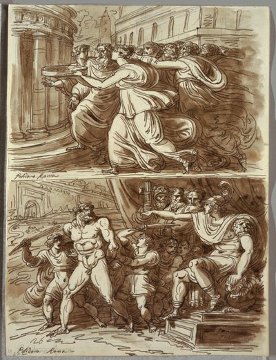 Vestal Tuccia bär vatten i silen; Två studier efter Polidoro da Caravaggio av Felice Giani