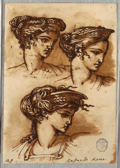 Tre studier av ett huvud med diadem och flätat hår, efter Raphael av Felice Giani